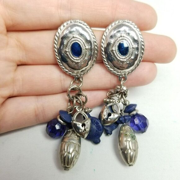 Vintage Blue and Silver Tone Dangle Stud Earrings, Western 80s Style, Estate - Picture 5 of 6